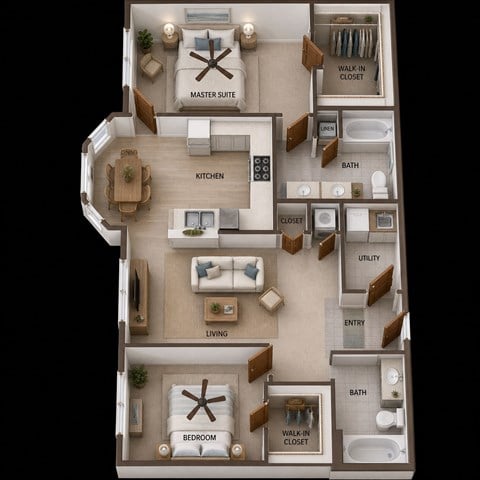 Floor plan for 2 beds, 2 baths, 1332 sqft